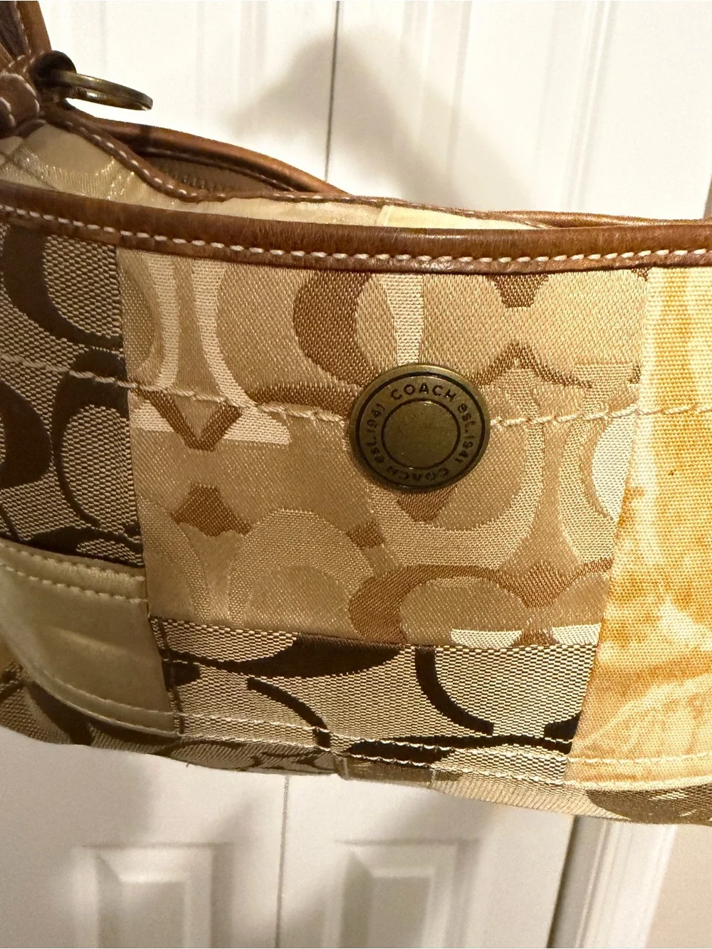 Coach Ergo Patchwork Leather Canvas Suede Hobo in Earth Tone Brown Color